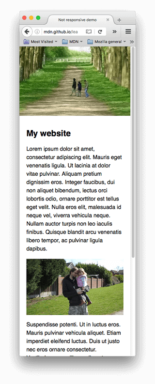 Our example site as viewed on a narrow screen; the first image has shrunk to the point where it is hard to make out the detail on it.
